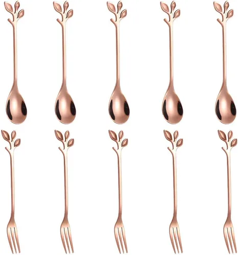 Vista 13 de AnSaw Juego de 10 mini cucharas y tenedores negros de 4.7 pulgadas, acero inoxidable, mango de hoja, ideal para café, té, aperitivos, degustaciones