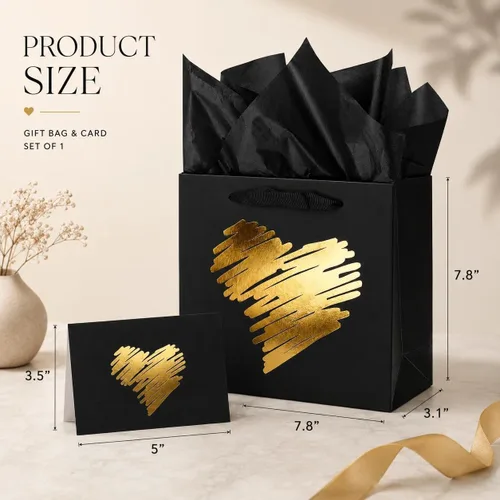Vista 2 de ysmile Pequeña bolsa de regalo negra con papel de seda para hombres, fiesta de cumpleaños, aniversario, día del padre, 7.8 pulgadas, corazón dorado
