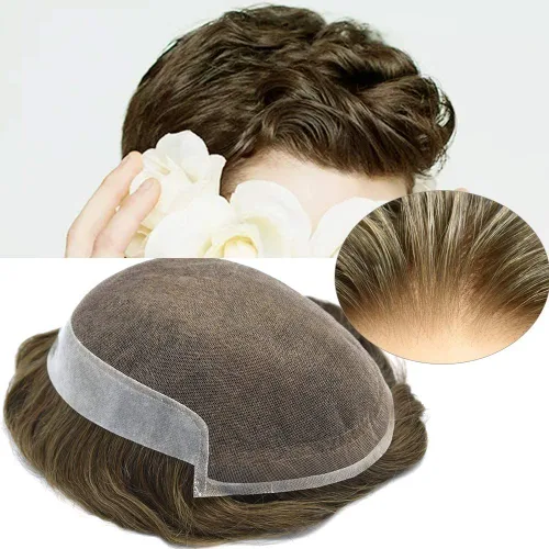 Vista 52 de Tupé de encaje suizo para hombres, piezas de cabello humano real, encaje frontal, sistema de reemplazo de cabello tipo tupé, nudo blanqueado, línea