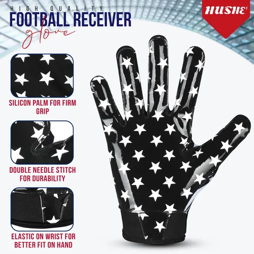 Vista 2 de Hushe' Guantes de fútbol con bandera americana de silicona con agarre para jóvenes, guantes receptores de fútbol con bandera de EE. UU. Guantes