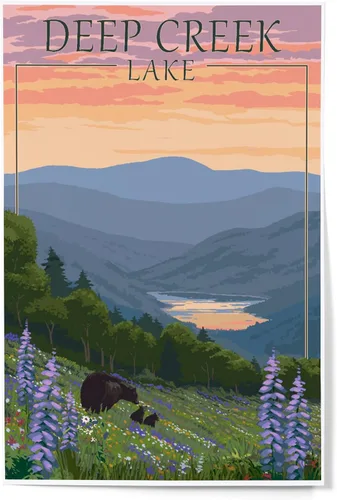 Vista 9 de Lantern Press Deep Creek Lake, Maryland, Almost Heaven, Bears and Spring Flowers, 8x12 Inch Art Print Wall Decor