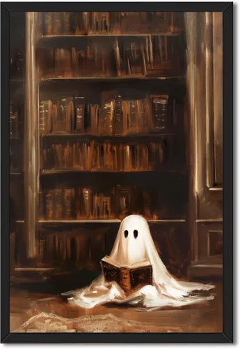 Vista 28 de Arte de pared vintage de Halloween embrujado de granja, parche de calabaza rústica con bonitos fantasmas, póster impreso en lienzo espeluznante