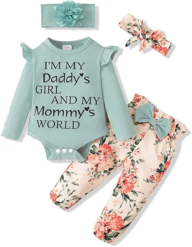 Vista 19 de SUNNY PIGGY Ropa para bebé recién nacida, 4 piezas, lindos trajes de otoño Rosa (Bow Pink)
