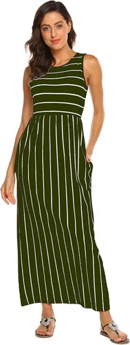 Vista 3 de Hount Vestido largo de verano sin mangas para mujer, a rayas, fluido, casual, con bolsillos