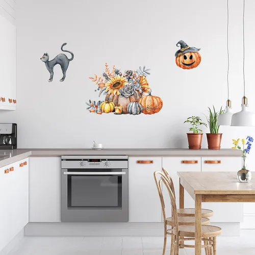 Vista 2 de Decalcomania - Calcomanías de pared para Halloween, juego de 31 calcomanías de decoración de calabazas de otoño para sala de estar, dormitorio