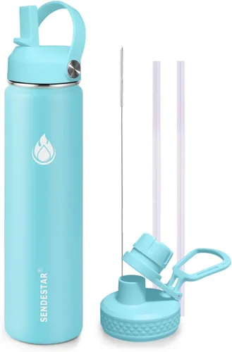 Vista 33 de SENDESTAR Botella de agua aislada de 24 onzas, boca ancha, botella de agua de 24 onzas con tapa con popote, tapa de boquilla, acero inoxidable