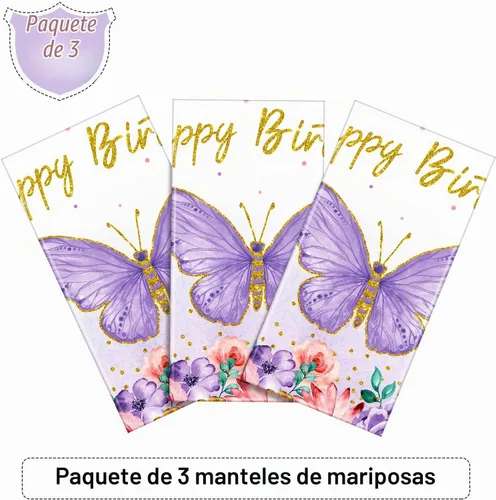 Vista 4 de Tegeme Mantel rectangular con diseño de mariposas y feliz cumpleaños, decoración de fiesta de mariposa, mantel de plástico con temática de primavera