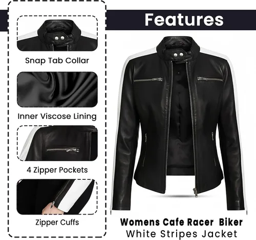 Vista 6 de Womens Racing Style Black Lambskin Leather Jacket - Cafe Racer Retro Biker White Stripes Vintage Motorcycle Jacket