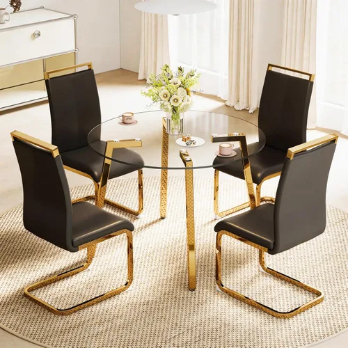 Vista 7 de Juego de mesa de comedor de cristal para 4, mesa rectangular con 4 sillas de cocina de cuero blanco, juego de comedor de cocina de 51 pulgadas, mesa