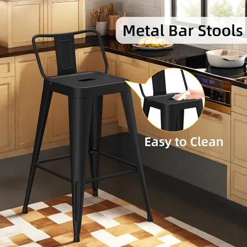 Vista 5 de Juego de 4 taburetes de bar de metal de 24 pulgadas, taburetes de altura de mostrador con respaldo extraíble, taburetes de bar negros para isla