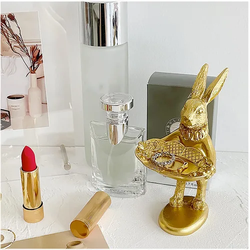 Vista 5 de FANTESTICRYAN Bandeja de joyería decorativa de estatua de conejito pequeño, lindo y retro adorno dorado figura de conejo de Pascua para accesorios