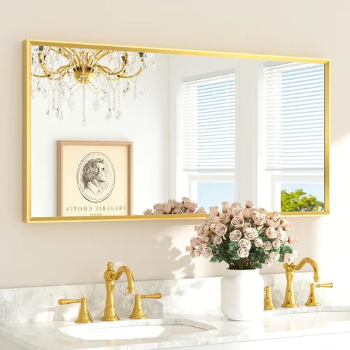 Vista 35 de TETOTE Espejo de baño dorado cepillado de 20" x 30", espejo de tocador de baño rectangular de latón dorado cepillado con marco biselado para sobre