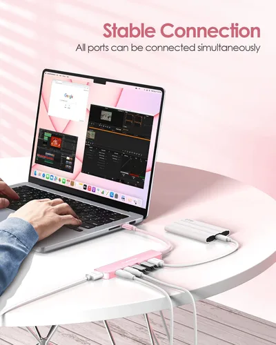 Vista 7 de LENTION Hub USB C, multipuerto con HDMI 4K a 60Hz, 3 puertos USB-A, puerto de datos USB-C, puerto PD de 100 W, compatible con MacBook Pro/Air, Oro