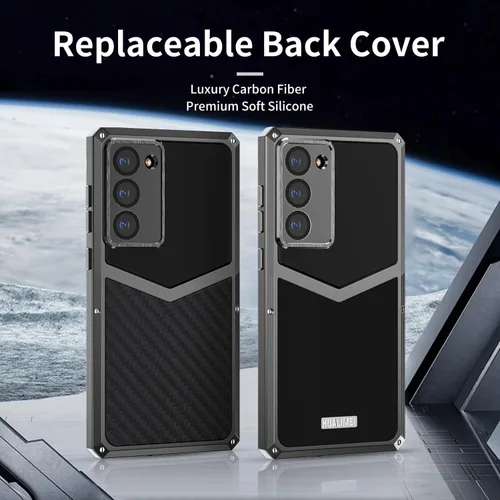 Vista 4 de Funda de fibra de carbono de lujo con funda de aluminio para Samsung Galaxy S22+ Plus, funda protectora militar a prueba de golpes con protector