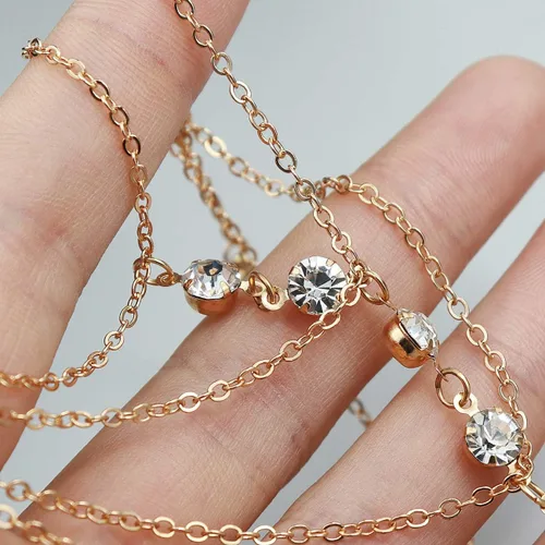 Vista 4 de Suyi Pulsera de anillo de dedo, arnés de mano, pulsera de cadena de diamantes de imitación, regalos para mujeres 2 piezas oro