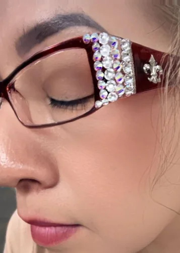 Vista 4 de The French, (Bling) Fleur De Lis Women Reading Glasses Adorned with (Clear + Aurora Borealis) Austrian Crystals, Magnifying (Transparent Red)