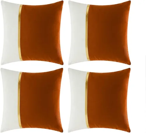 Vista 8 de Fancy Homi Paquete de 4 fundas de almohada decorativas para sala de estar, sofá cama, retazos de terciopelo con cuero dorado, decoración moderna