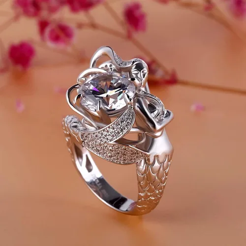 Vista 5 de Jeulia Anillo de sirena de plata de ley con diamantes de imitación de corte redondo y diseño de cuento de hadas, elegante anillo de compromiso