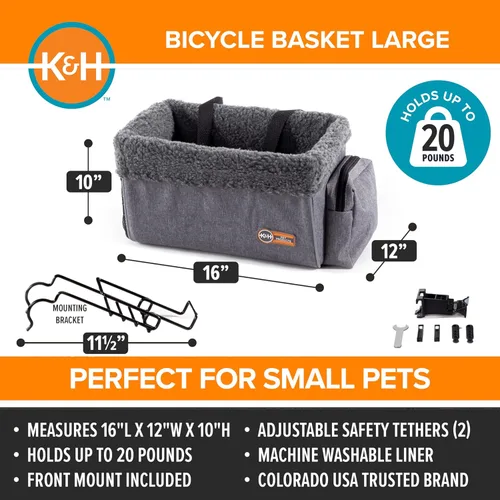 Vista 2 de K&H Pet Products Cesta de bicicleta delantera para perros, canasta universal para gatos y perros con soporte frontal para bicicleta incluido, forro