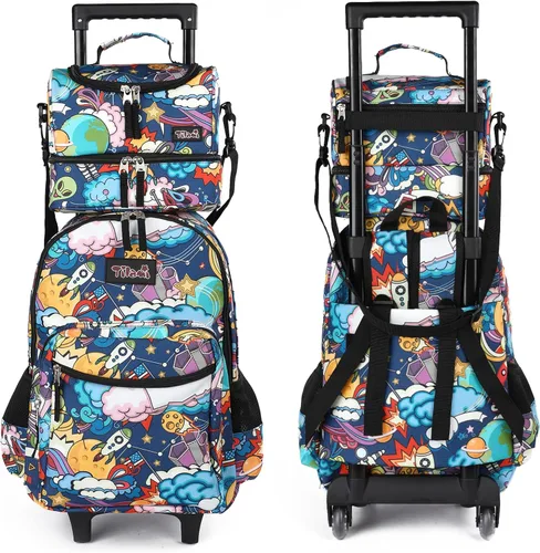 Vista 2 de Tilami Mochila rodante de 18 pulgadas con doble asa con bolsa de almuerzo con ruedas para niños