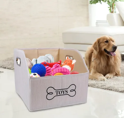 Vista 7 de Geyecete Contenedor de almacenamiento de juguetes para perros con mango de madera, cesta organizadora rectangular decorativa de fieltro suave