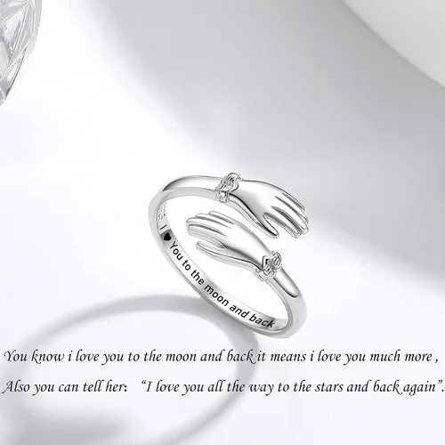 Vista 4 de Anillo de abrazo de plata de ley ajustable para seres queridos, anillos de abrazo apilables para mujeres, anillos de abrazo de mano para abrazar