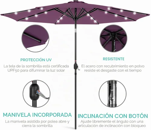 Vista 5 de Best Choice Products 10ft Solar Polyester LED Lighted Patio Umbrella w/Tilt Adjustment and UV-Resistant Fabric Amatista púrpura