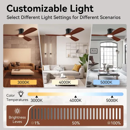 Vista 4 de Ventiladores de techo inteligentes de perfil bajo de 52 pulgadas con luces y control remoto, 3 aspas de madera, motor de CC silencioso, ventilador