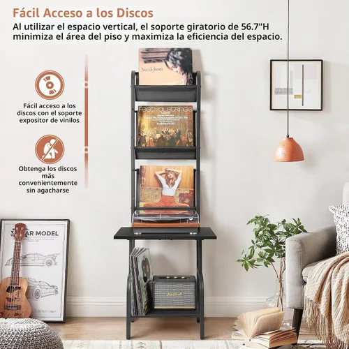 Vista 3 de Soporte para tocadiscos con almacenamiento de vinilos para hasta 200 álbumes, soporte para tocadiscos con estante de exhibición para discos Negro