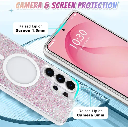 Vista 532 de Bonoma - Funda compatible con Samsung Galaxy S21 Plus, diseño de corazón con purpurina, color rosa Support for MagSafe, Plating Magnetic Case TPU
