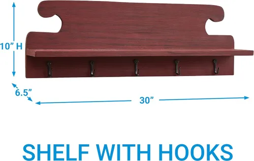 Vista 3 de Park Designs Acogedor estante de madera rojo con 5 ganchos para colgar, soporte de pared rústico para dormitorio, baño, sala de estar y entrada