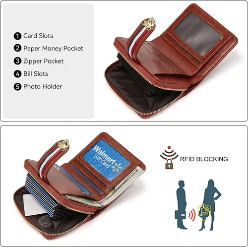 Vista 5 de FOXLOVER Cartera pequeña de piel sintética para mujer, con bloqueo RFID, con cremallera, bolsillo para monedas, ventana de identificación