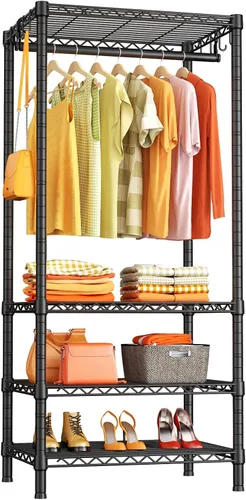 Vista 12 de Ulif H2 - Perchero resistente para ropa de 4 niveles independiente, estante para colgar ropa con estantes y perchas, organizador de clóset y sistema