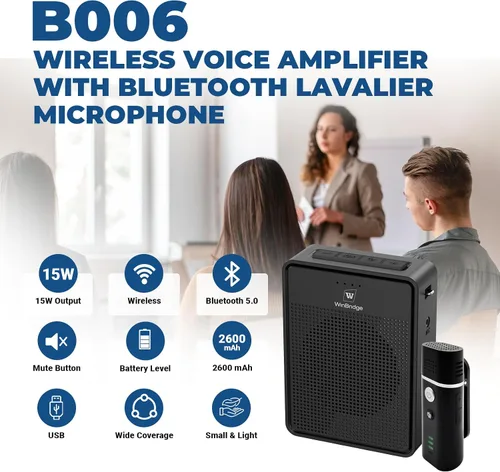 Vista 2 de Amplificador de voz inalámbrico con micrófono de solapa Bluetooth, micrófono portátil profesional con reducción de ruido con altavoz, mini megáfono