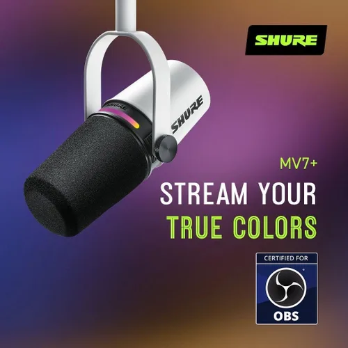 Vista 7 de Shure Micrófono dinámico MV7+ para podcast, certificado OBS, audio mejorado, panel LED, salidas USB-C y XLR, modo de nivel automático, filtro