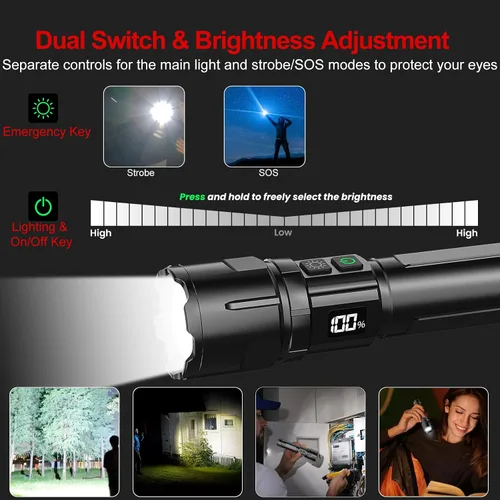 Vista 10 de Linterna 20000 Lúmenes Altos Recargable - Paquete de 2 Luz LED Flash Súper Brillante de 30W 24H de Larga Duración y Haz de 5000ft USB C Linterna