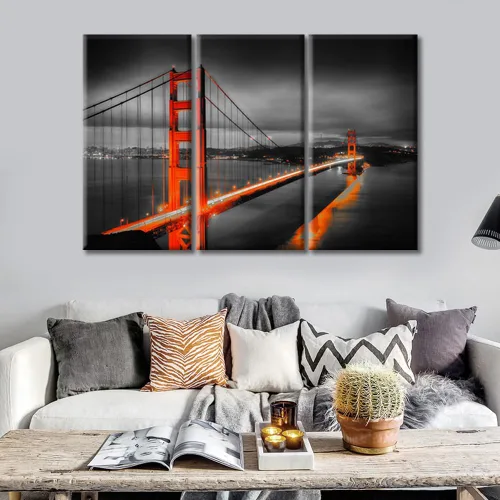 Vista 4 de TUMOVO 3 paneles de paisaje urbano en blanco y negro de Estados Unidos, arte de pared, famoso puente Golden Gate, San Francisco por la noche