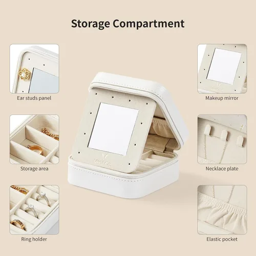Vista 3 de Vee - Caja pequeña de joyería de viaje, mini organizador de joyas con espejo, caja de joyería portátil para aretes, anillos, collares, pulseras