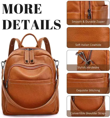 Vista 2 de BOYATU Mochila de cuero genuino para mujer mochilas suaves convertibles antirrobo - Elegante mochila de viaje para mujer (01 mediano-marrón caramelo)