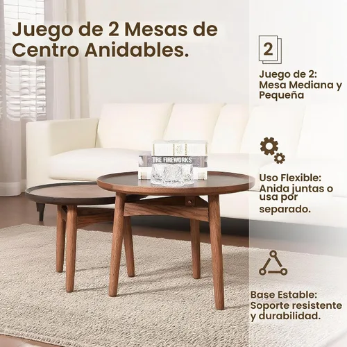 Vista 4 de CONSDAN Juego de mesa auxiliar anidable de 2 piezas, marco de roble macizo y parte superior de chapa, madera dura cultivada en Estados Unidos, mesas