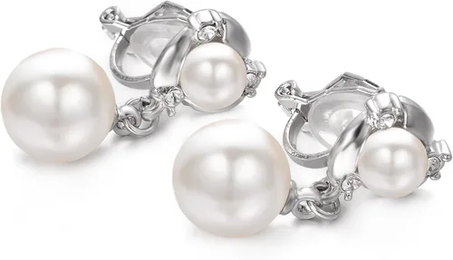 Vista 4 de Yoursfs Aretes de perlas con clip para mujer, aretes de perlas de agua dulce de imitación para orejas no perforadas, aretes de dama de honor, Metal