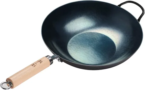 Vista 11 de ZhenSanHuan Wok de Hierro Martillado a Mano con Fondo Plano Apto para Inducción (32CM, Mango de Hierro)