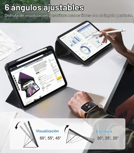 Vista 3 de [Usado] TORRAS Funda para iPad Air de 11 pulgadas M2/M3/M4, iPad Air de 6ª/5ª/4ª generación con soporte para lápices, apagado y encendido