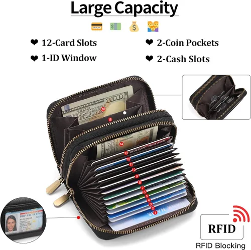 Vista 3 de SENDEFN Tarjetero de cuero para tarjetas de crédito, cartera pequeña para mujer, bloqueo RFID, doble cremallera con ventana de identificación