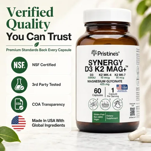 Vista 5 de PRISTINE'S Vitamina D3 K2 5000 UI cápsulas con magnesio, certificado NSF