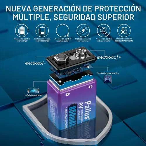 Vista 4 de Pallus Baterías recargables de 9 V con cargador, paquete de 4 baterías recargables de litio de 850 mAh de 9 voltios para alarmas de humo e