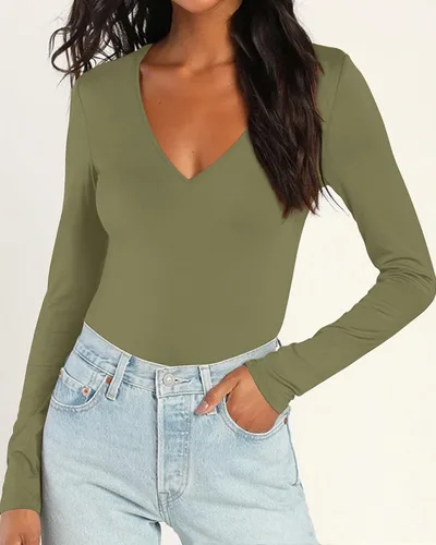 Vista 2 de Allchic Body básico para mujer, manga corta y larga, cuello en V, camiseta básica