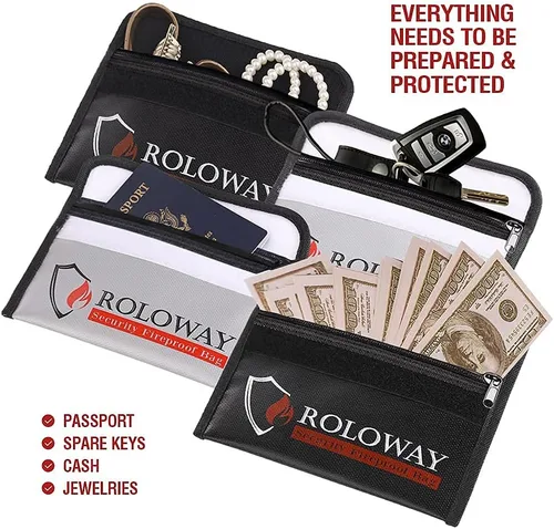 Vista 3 de ROLOWAY Bolsa grande ignífuga negra con pequeña bolsa ignífuga y bolsas de dinero ignífugas (paquete de 2)