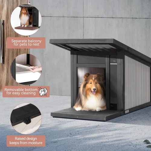 Vista 6 de Casa para perros al aire libre, techo inclinado impermeable contra la lluvia y la nieve, casas para perros de diseño moderno con panel resistente a