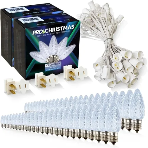 Vista 58 de Pro Christmas - Kit de luces C9 para exteriores, blanco cálido, cable verde, 50 bombillas, 50 pies